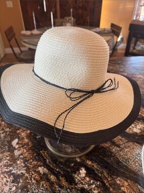 Wide Brim Straw Sun Hat with Black Trim and Bow